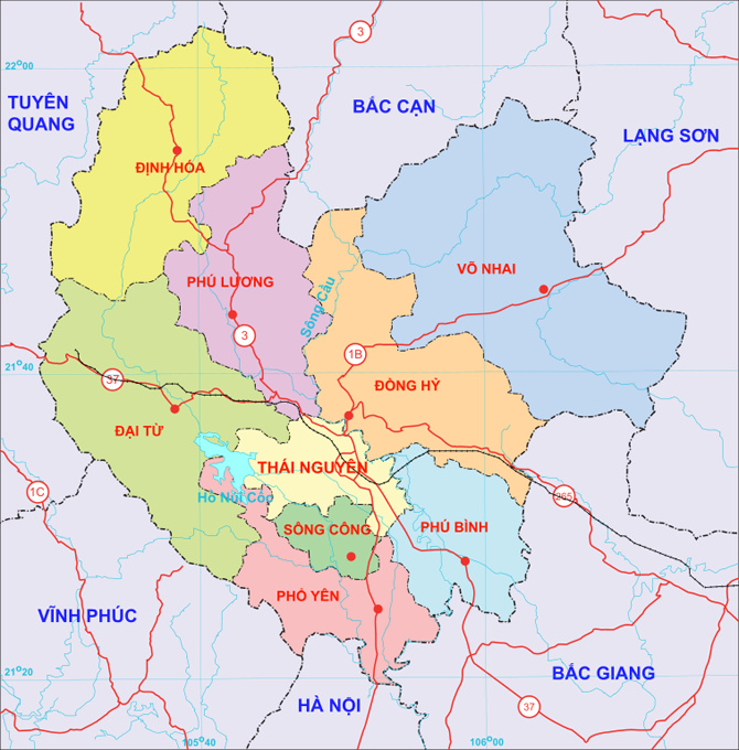 Bản đồ hành chính tỉnh Thái Nguyên