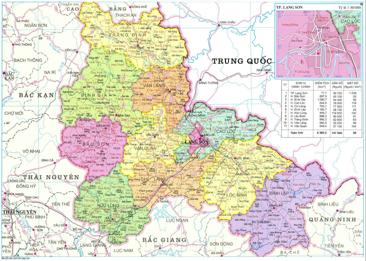 Bản đồ hành chính tỉnh Lạng Sơn cung cấp thông tin về các khu vực đất, dân số và các gói dự án phát triển kinh tế tại tỉnh Lạng Sơn. Đây là một công cụ quan trọng trong việc nghiên cứu về địa lý và quy hoạch phát triển kinh tế - xã hội của vùng đất này.