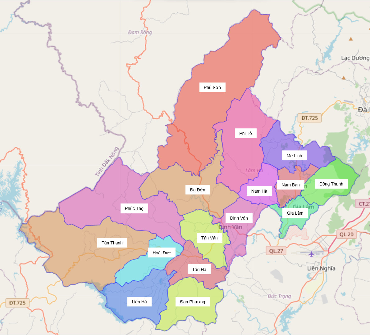 Bản đồ hành chính huyện Lâm Hà
