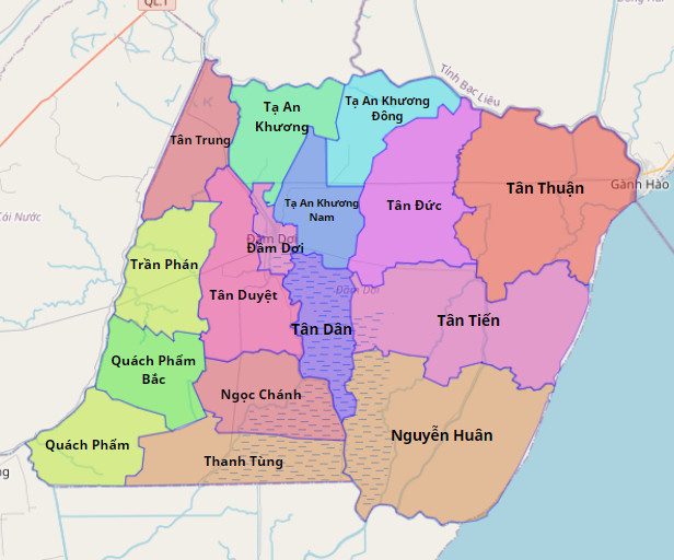 Bản đồ hành chính huyện Đầm Dơi